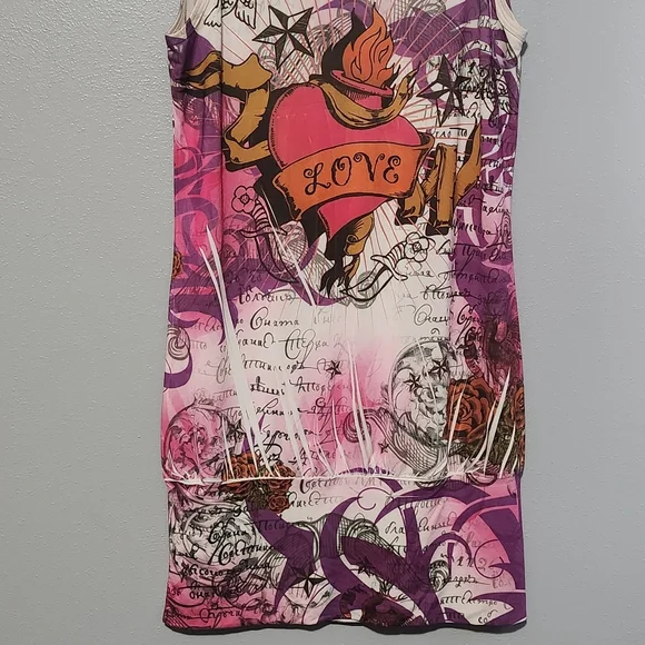 PRESS APPAREL Y2K Ed Hardy Style Purple Tank Mini Dress Small Heart Tattoo 2000s - Picture 8 of 12